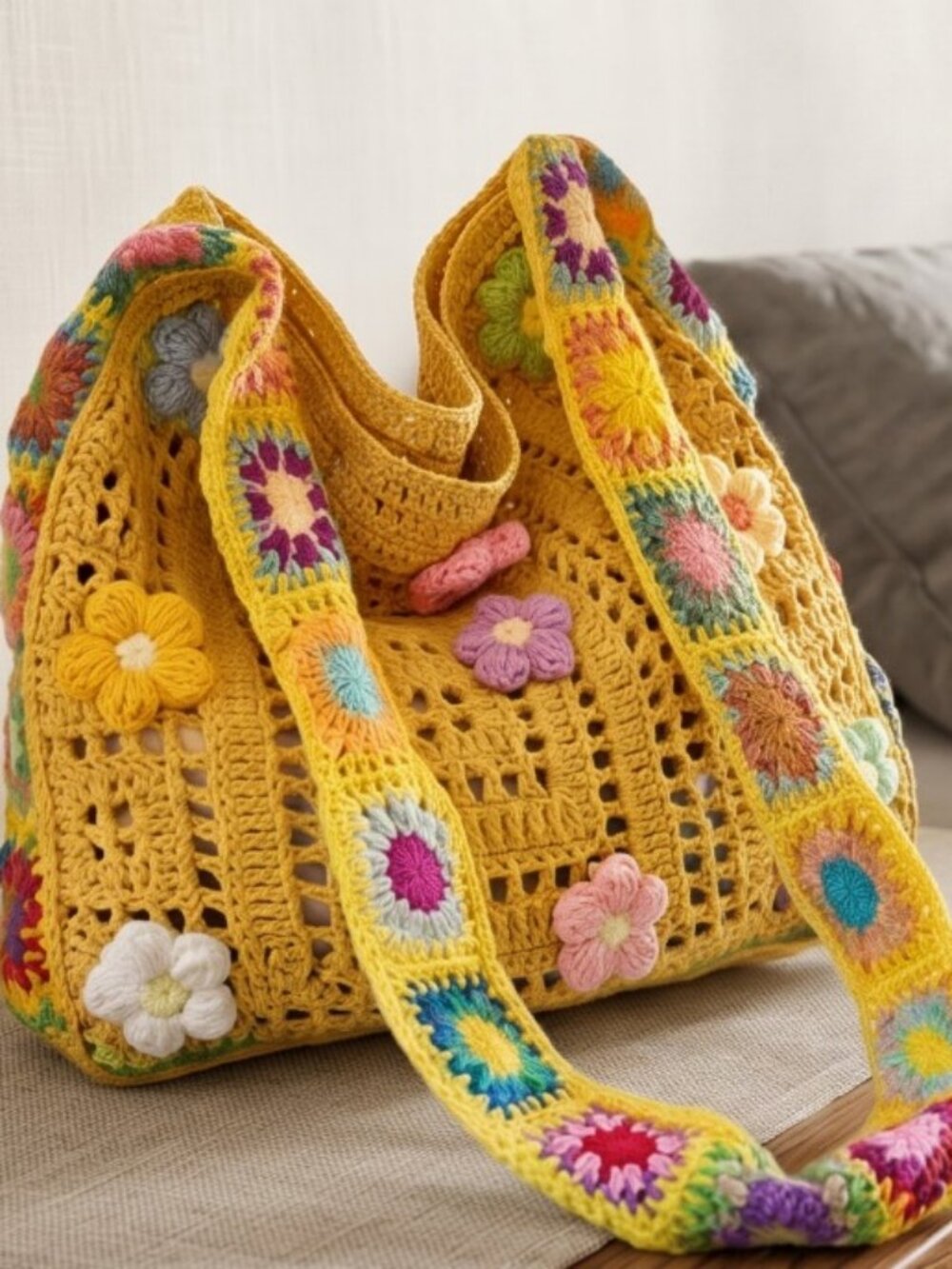 Crochet Flower Tote, Granny Square Shoulder Bag, Boho Knit Handbag